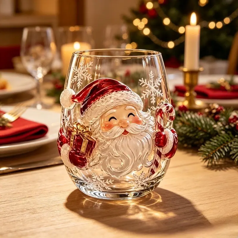 Santa 3D Embossed Stemless Wine Glass, Holiday Drinking Cup, Christmas Party & Home Table Decor, Christmas Gift for Family and Friends