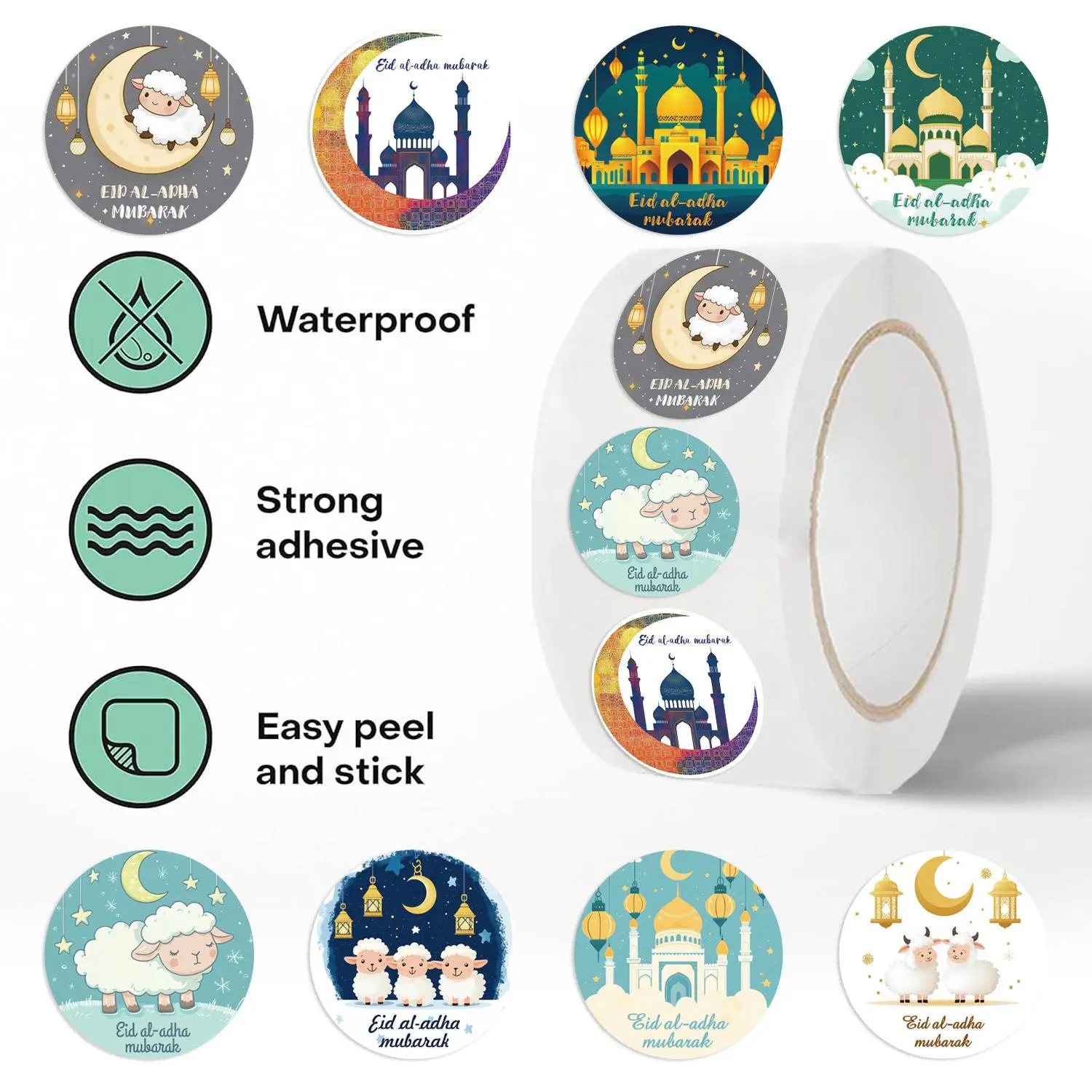 Eid Mubarak Sticker (500pcs/roll), Round Ramadan Gift Tag Sticker, Islamic Muslim Party Supplies Decorations, Eid Al Adha Stickers for Gift Box
