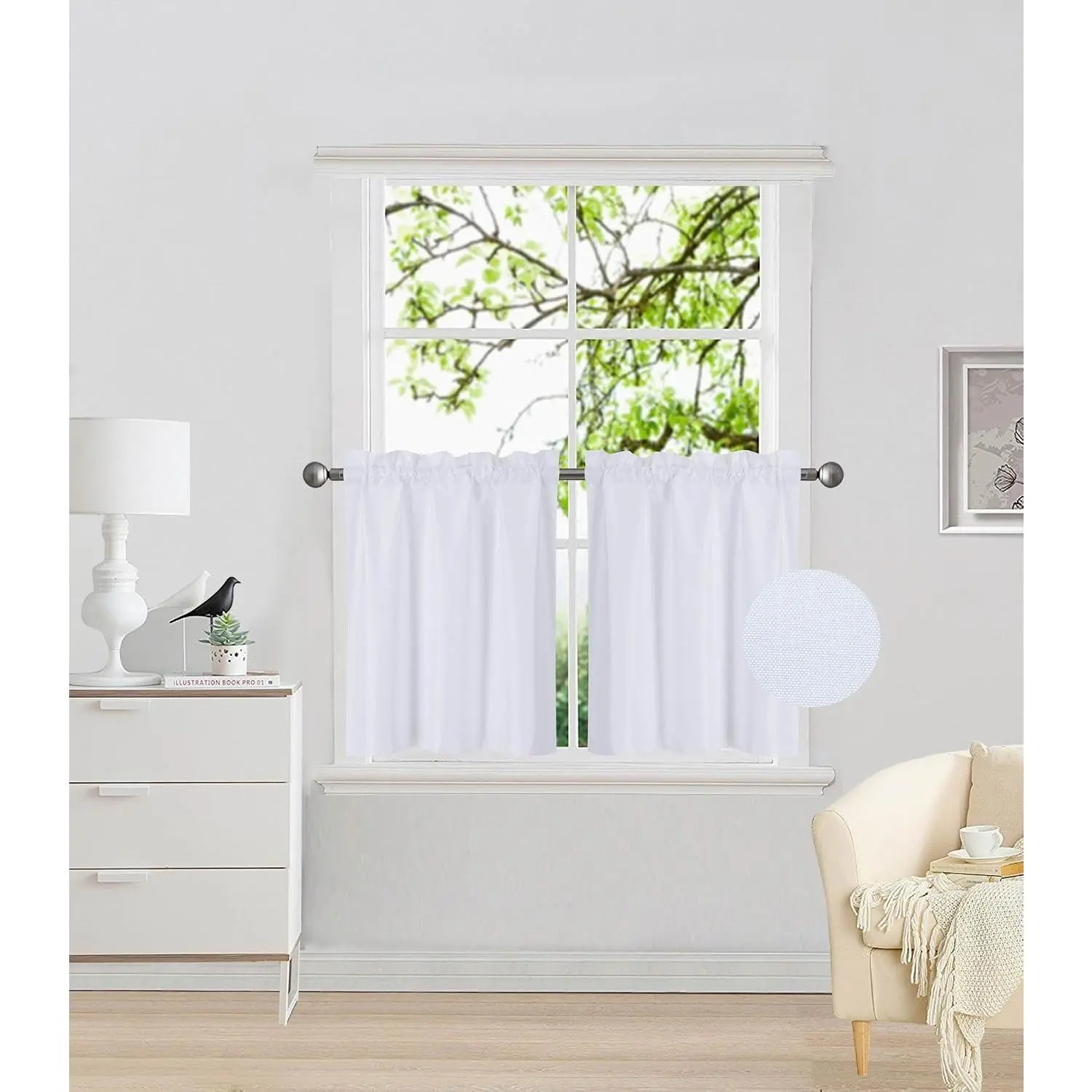 2 Panels Tiers Small Window  Curtain Insulated Blackout Drape Short Panel 28" W X 24" L Each for Kitchen Bathroom or Any Small Window # R16 (White)