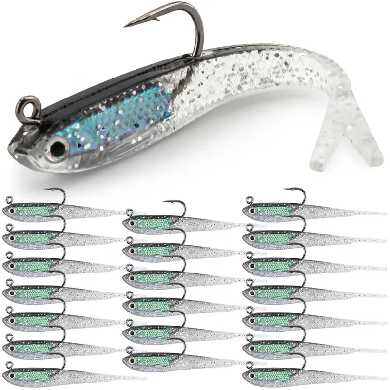 20pcs Soft Fishing Lures with Lead Block Inside and Sharp Hook, Bass Trout Crappie Walleye Soft Swimbait Plastic Artificial Bait for Freshwater and Saltwater