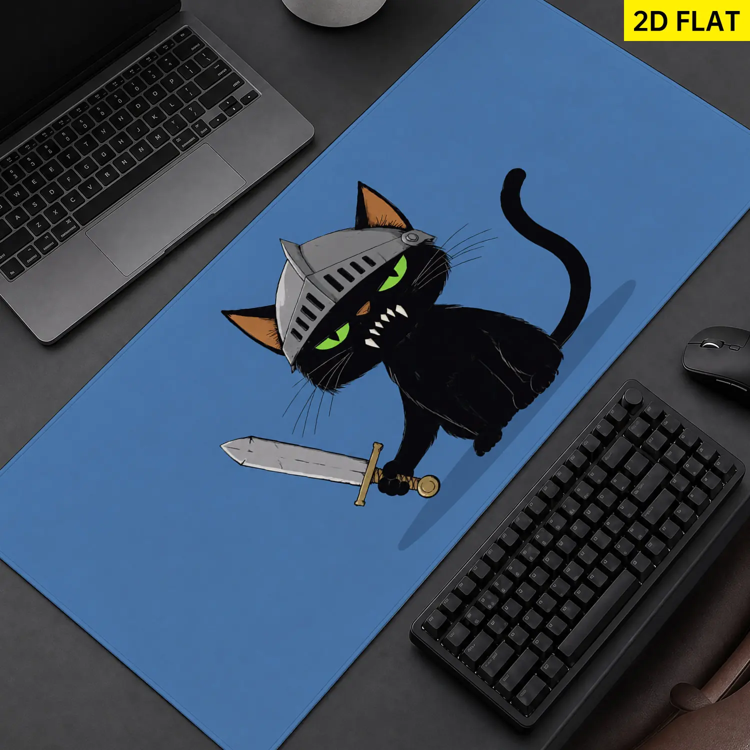 Extra Large Rectangular Black Knight Cat Illustration Gaming Mouse Pad, Non-Slip Rubber Base, Lock Edge, Washable, Multi-Size, Premium Multipurpose Desktop Protector & Decoration for Home/Office, Gift for Loved Ones