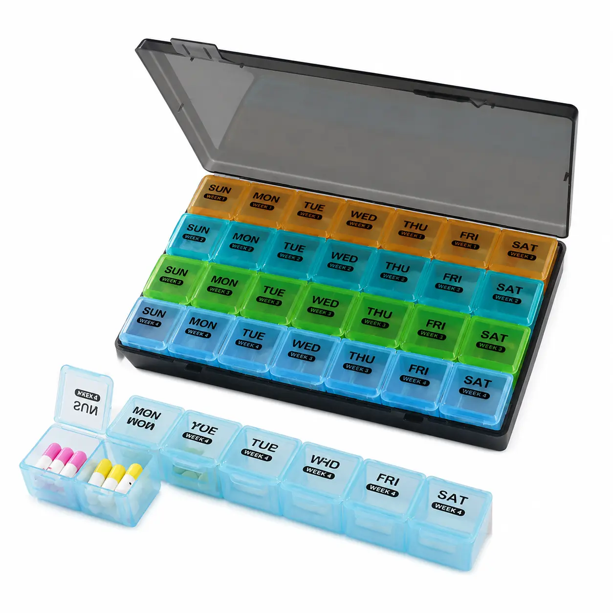 Plastic Weekly Pill Organizer Pillbox - 28-Compartment, Large-Capacity, Portable, Stackable, Leak-Proof Medicine Storage for Daily Doses Management, Travel Use (Home Supplies, Party Gifts)
