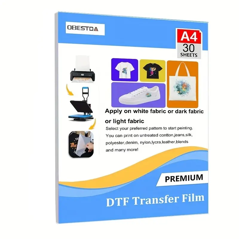DTF transfer film paper-A4 (8.3 inches x 11.7 inches) 30 sheets of matte double-sided transparent pre treated paper, Epson inkjet printer PET heat transfer paper, can be directly printed on T-shirt textiles, DIY Craft Supplies