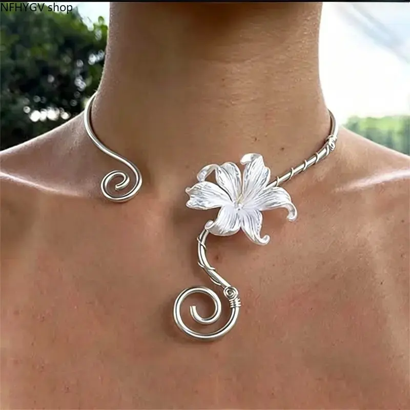 Women Iris Flower Choker, Iridescent Wire Wrapped Spiral Adjustable Necklace With Shiny Colorful Petals, Exquisite Handcrafted Stylish Jewelry For Daily Outfits Dating Parties And Gifting