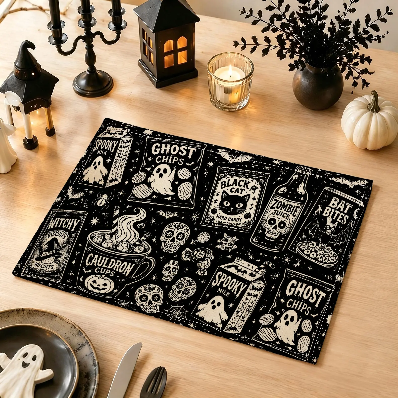 4/6pcs Ghost Black Cat & Skull Placemats, Gothic Halloween Style for Dining Table, Kitchen, Halloween Party & Home Decor, Halloween Gifts, Party Decoration