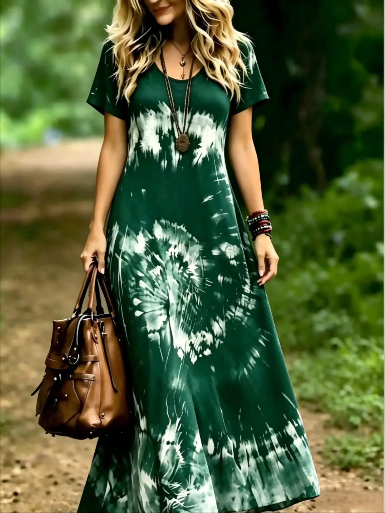 Summer New Gradient Print A-Line Long Dress, Boho Printed Dress, Lightweight Soft Flattering Waistline, Vintage Street Style, Casual Vacation Wear, Women's Fashion Dress