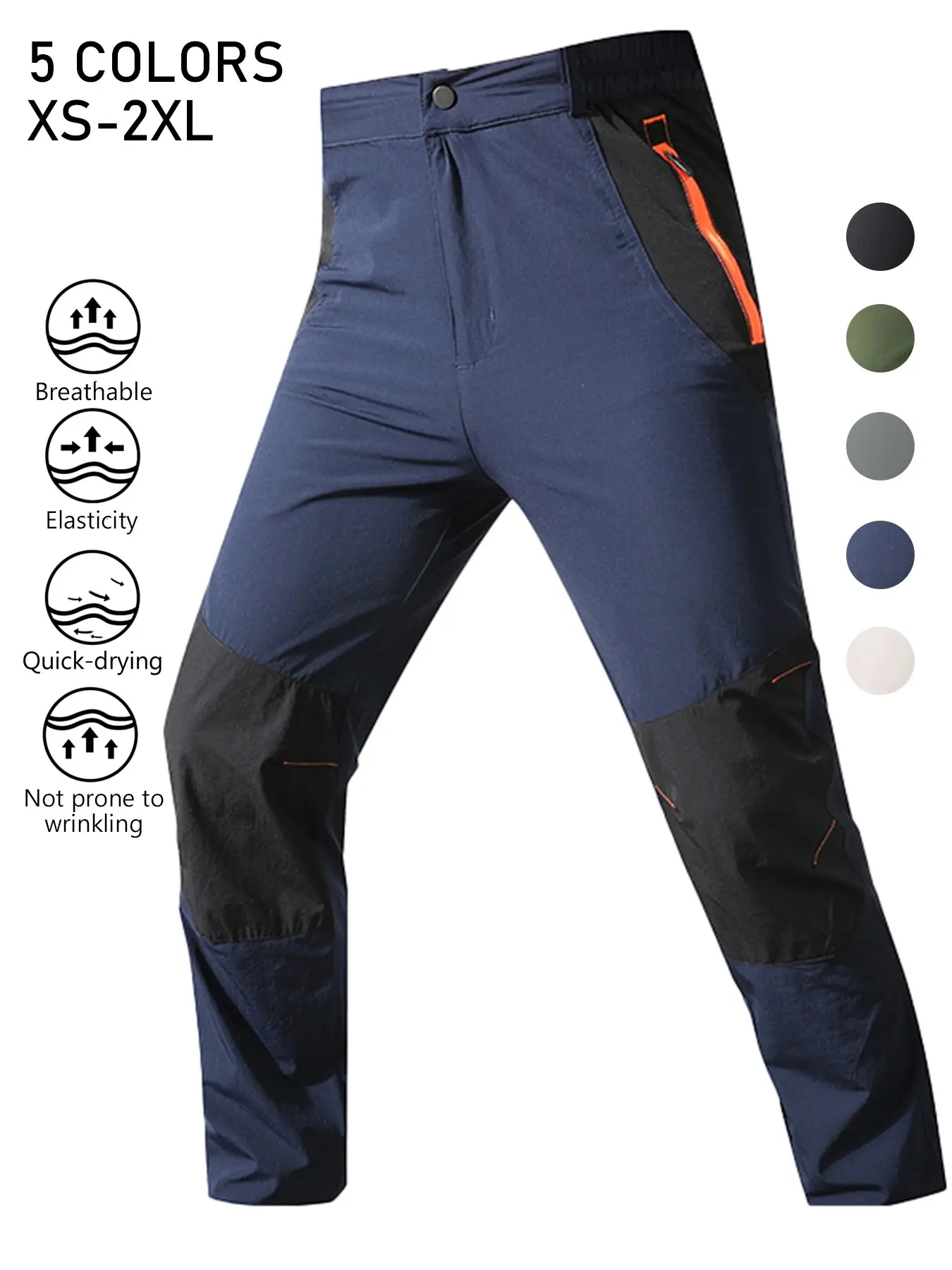Men's Color Block Outdoor Hiking Pants, Elastic Waist Quick Dry Breathable Wrinkle Resistant Straight Leg Trekking Trousers with Reinforced Knee & Zipper Security Pockets, Lightweight Stretch Pants for Camping Fishing Travel Outdoor Sports Daily Wear