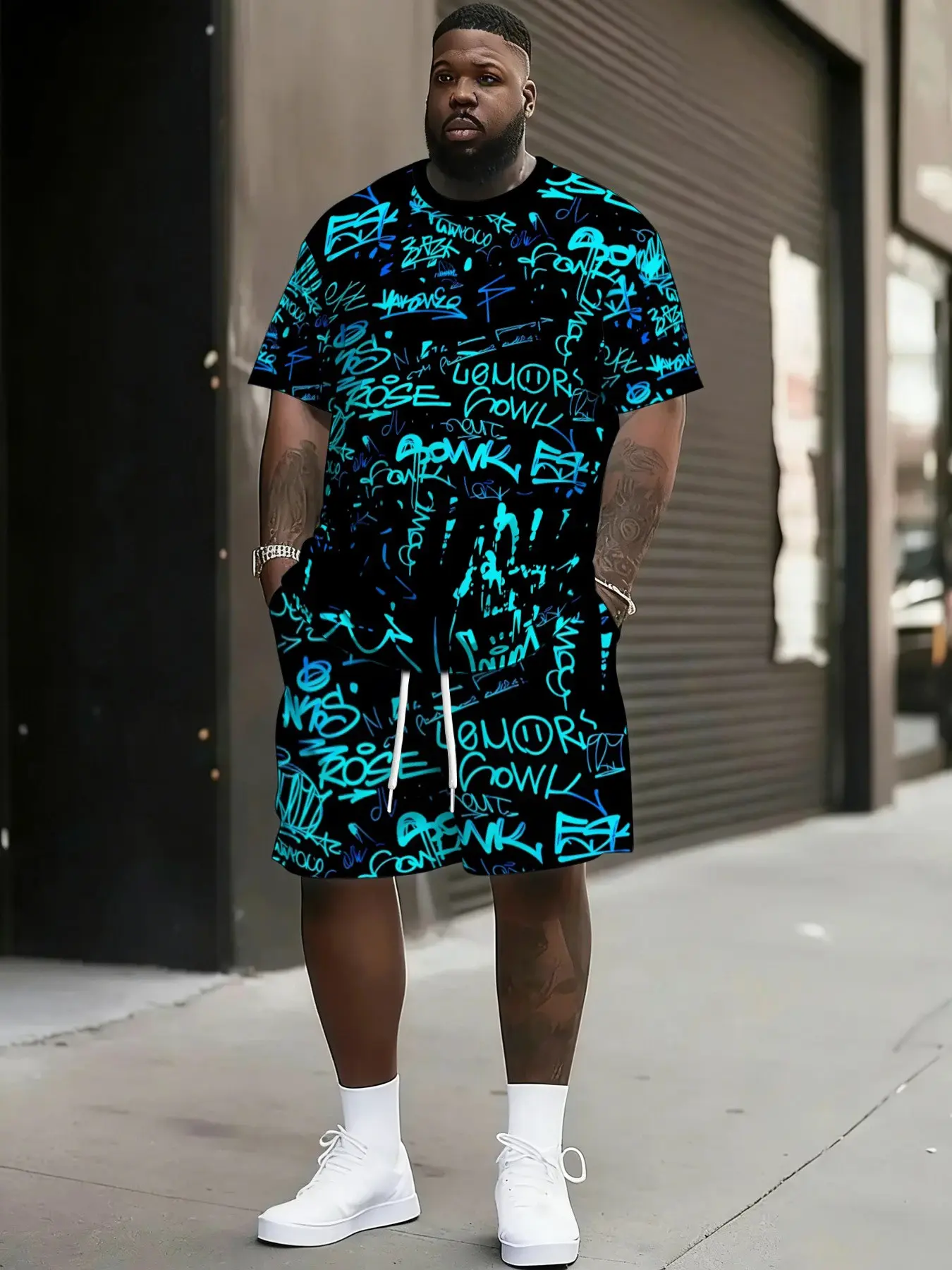 Men's Plus Size Streetwear Set, Base Fluorescent Blue Graffiti Print, 3D Digital Print, Casual Shorts & T-Shirt, Hip Hop Fashion
