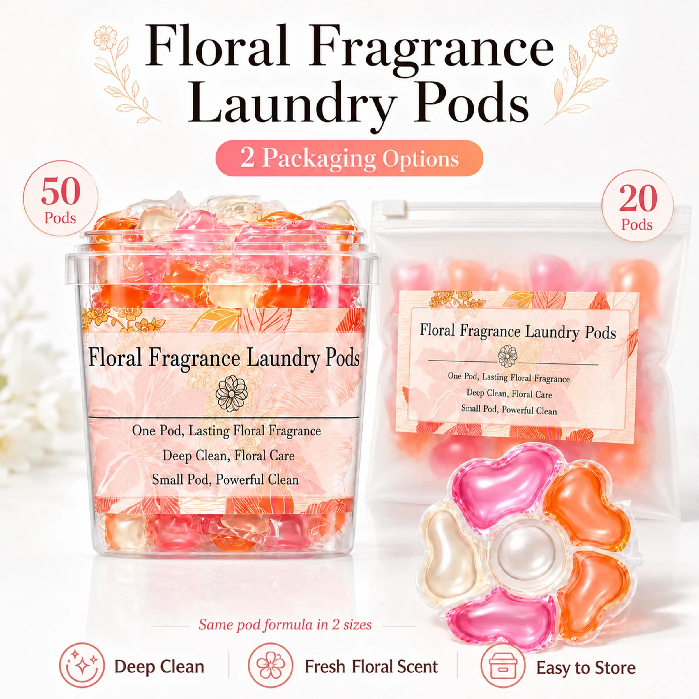 6-In-1 Floral Scented Laundry Pods, Strong Stain Removal, Deep Cleaning, Long-Lasting Fragrance, Quick Dissolving, Ideal for Home, Dorm, Gym, Travel