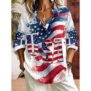 Womens USA American Flag Splash Print Roll Up Sleeve Collared Shirt Bamboo Linen Soft Breathable Casual Patriotic Fourth Of July Blouse