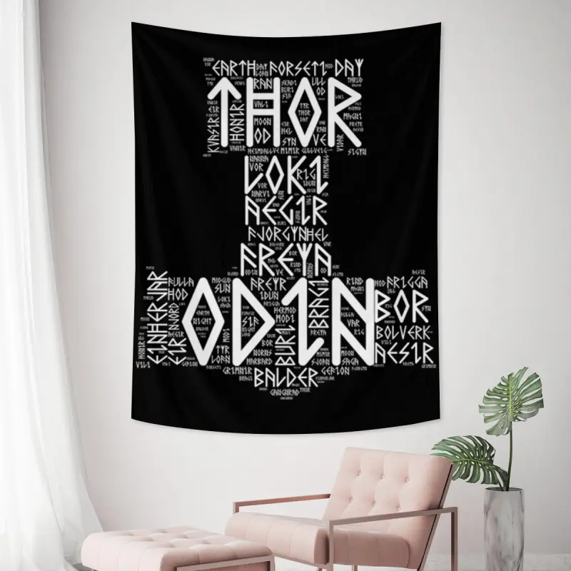 Viking Thor Hammer Odin Runes Typography Tapestry - Norse Mythology Mjolnir Poster Wall Hanging, Celtic Tribal Symbols Fabric Banner, Decorative Tapestry, Cool Tribal Pagan Room Decor Tapestries for Dorm, Nordic Style