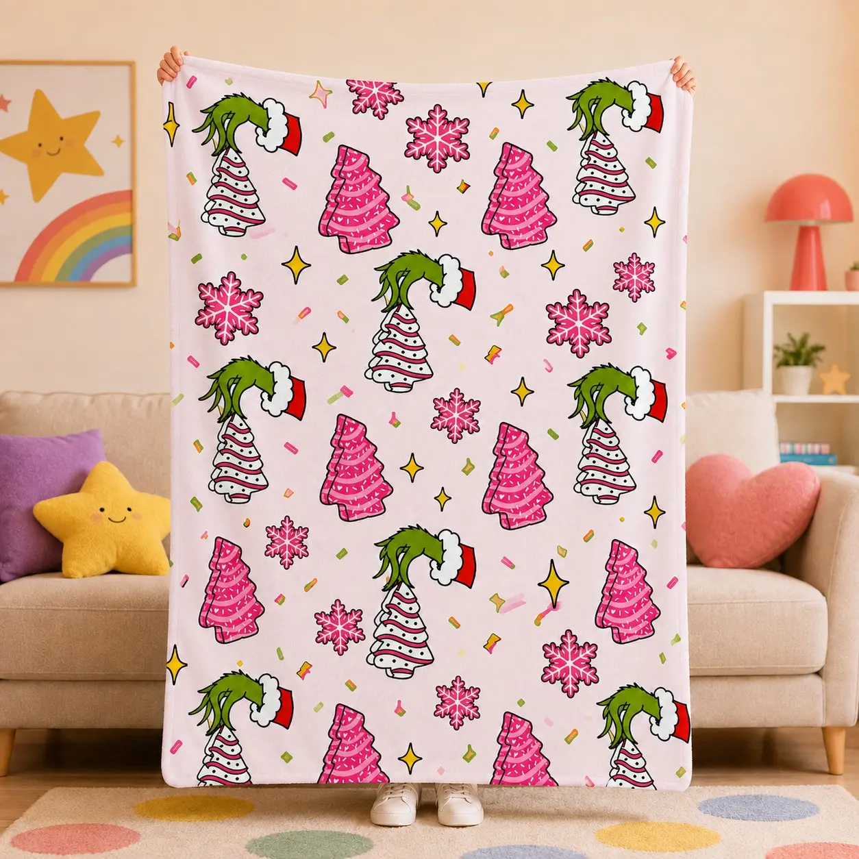 Grinch Christmas Flannel Blanket, Funny Hand, Soft Cozy Lightweight Warm Throw, Holiday Home Decor, Travel, Camping