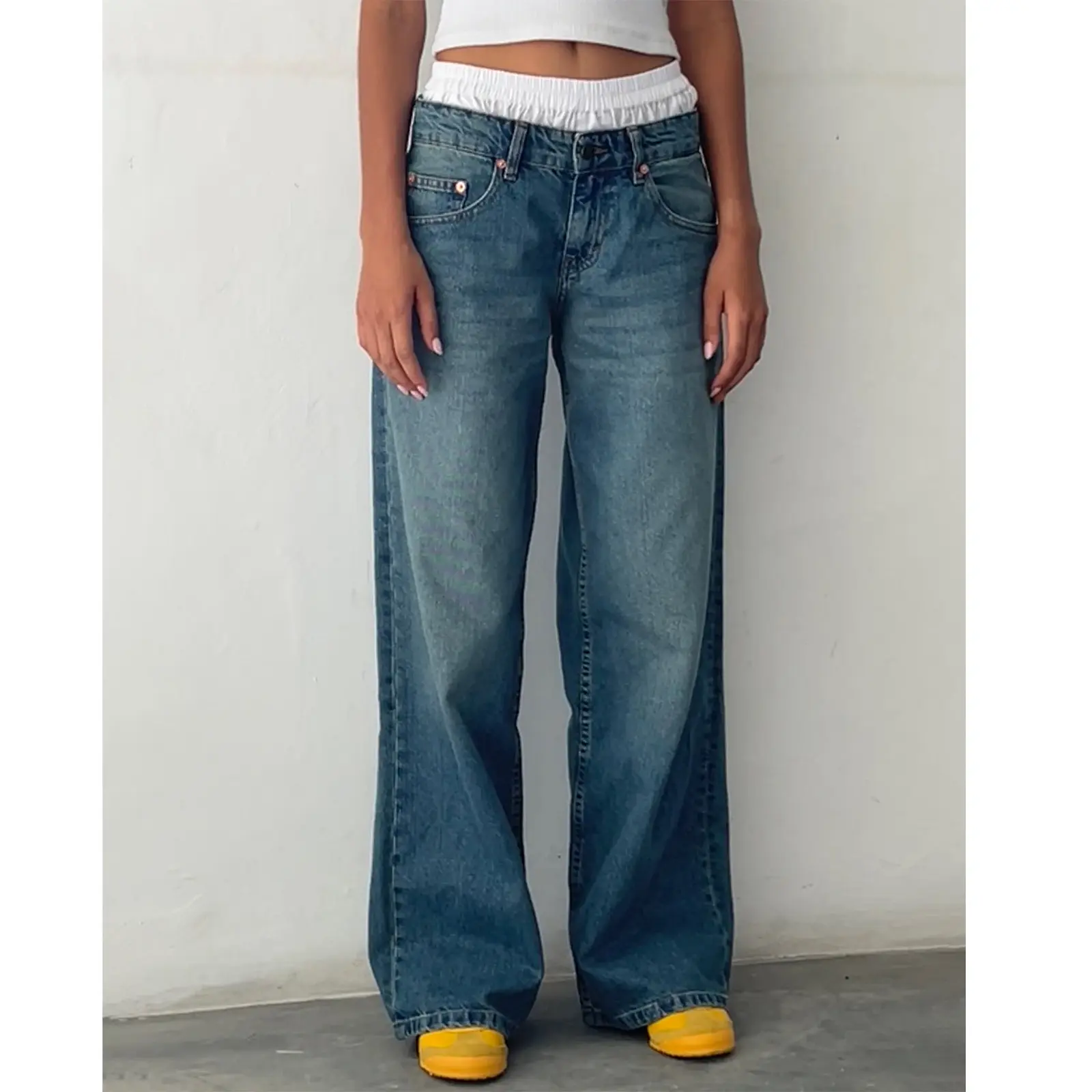 Women Low Rise Baggy Jeans Loose Straight Leg Boyfriend Casual Washed Denim Pants with Pockets Chic Streetwear Minimalist Short Basic Comfort Womenswear