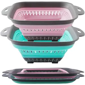 Collapsible Silicone Colander Set 2 PCS, Square Round Triangular Kitchen Strainer, Perfect for Draining Pasta Vegetables Fruit, 10.8"L x 8.6"W x 2"H, Red & Green