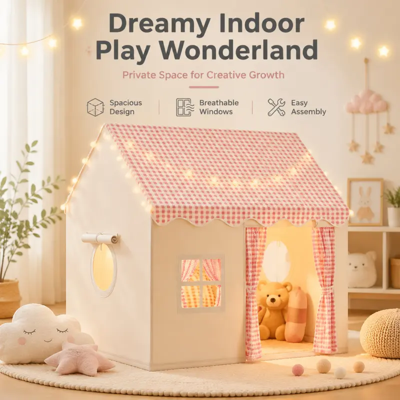 Plaid House Game Tent, Spacious with Breathable Windows, Soft Fabric, Easy Assembly, Foldable Indoor Playhouse, High-Style Decor Gift