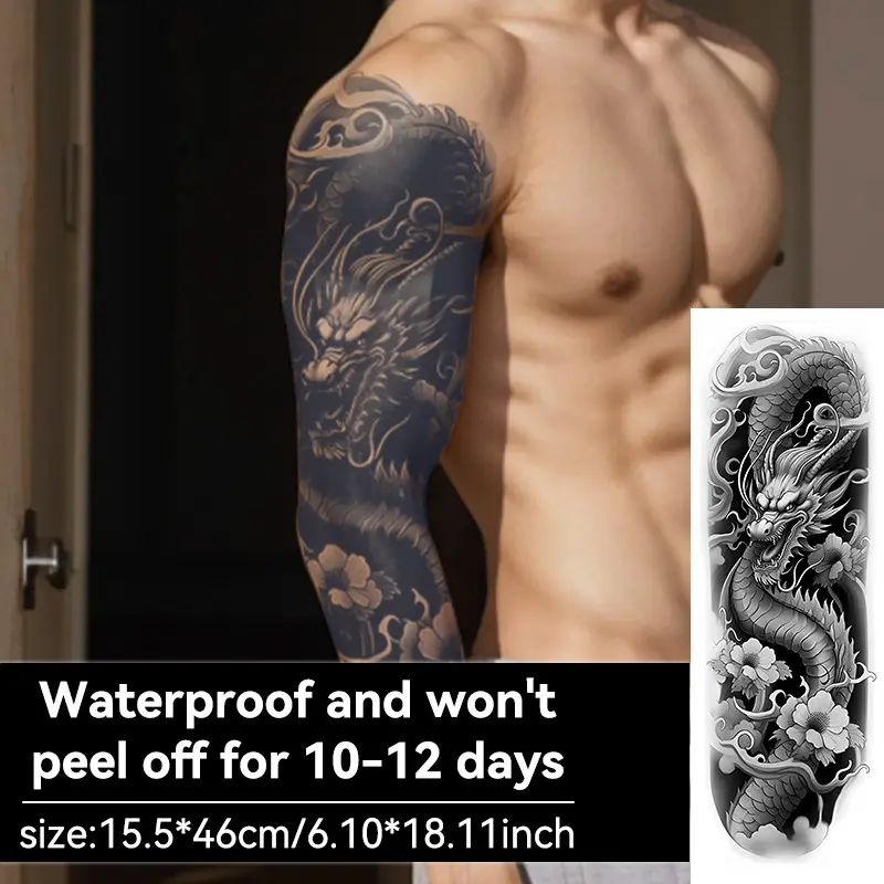 Dragon Ascend Peony Cloud Traditional Full Arm Temporary Tattoo Patch, Waterproof Long-Lasting, Herbal Tattoo, Unisex, Arm Leg Chest Back, Tattoo Stickers