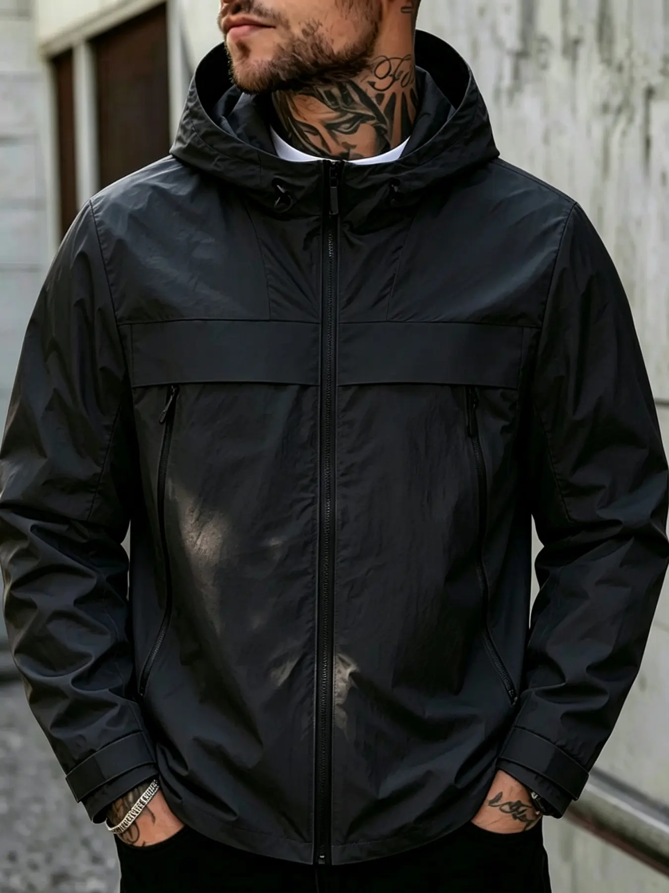 Men's Lightweight Hooded Jacket, Waterproof Windproof Coat with Drawstring Hat and Zip Pockets, Casual Streetwear for Spring and Fall