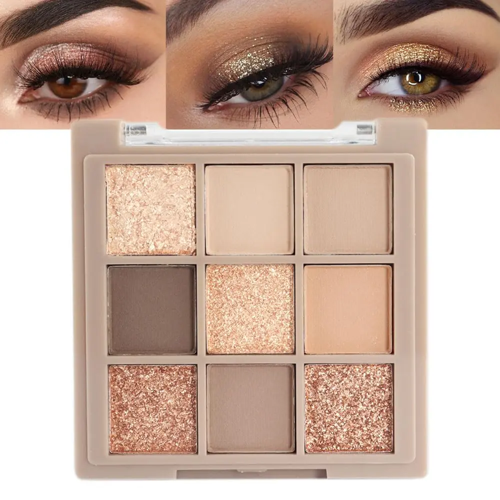 Women's 9-Color Gold Matte Shimmer Vegan Eyeshadow Palette, Long Lasting Waterproof Cosmetic, Hypoallergenic Natural-Looking Single Item for Brown & Blue Eyes