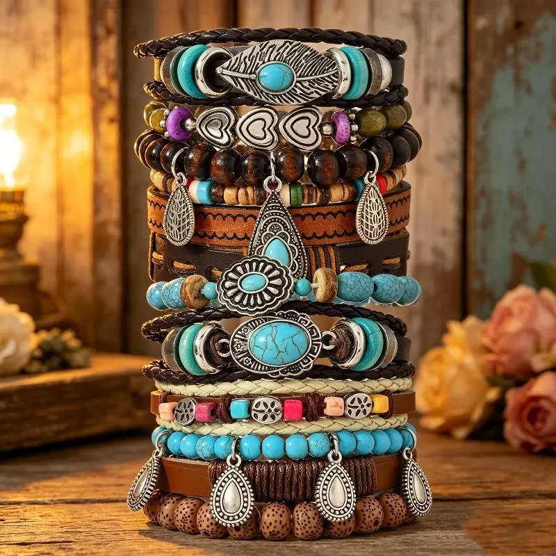 12Pcs Unisex Fashion Multi-Layered Wood Bead & PU Leather Bracelet Set - Elastic Bands, Bracelet Stacking, Daily Wear, Casual Costume Jewelry Gift Accessory, Bead Bracelet