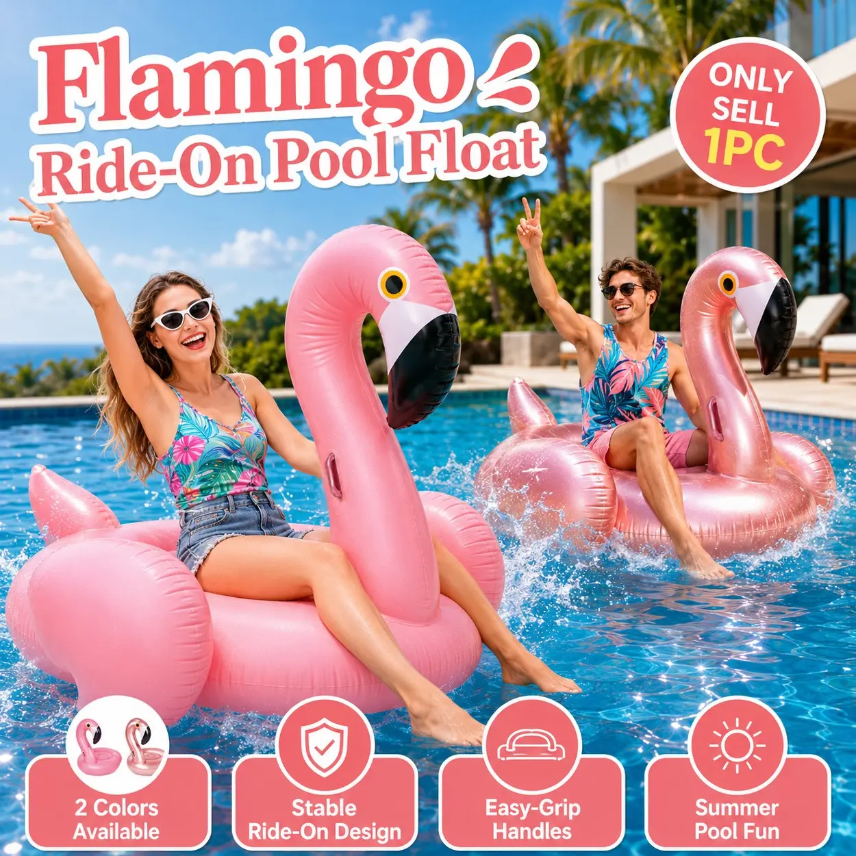 Giant Inflatable Flamingo Pool Float, Pink Tropical Style, Adult Ride-On Swimming Lounger with Balanced Handle Support, PVC Water Floatie for Summer Pool Party, Beach Travel, Sunbathing, Resort Vacation and Outdoor Water Fun