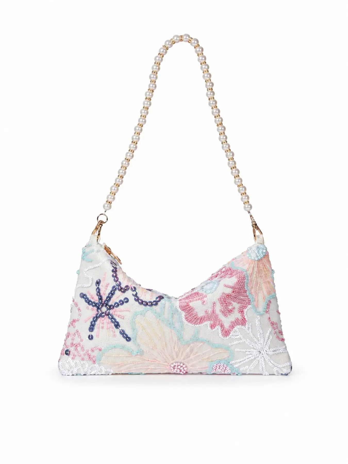 Women’s Pearl Beaded Strap Sequin Floral Embroidered Shoulder Bag, Chic Mini Hobo Purse for Party, Wedding and Evening Wear