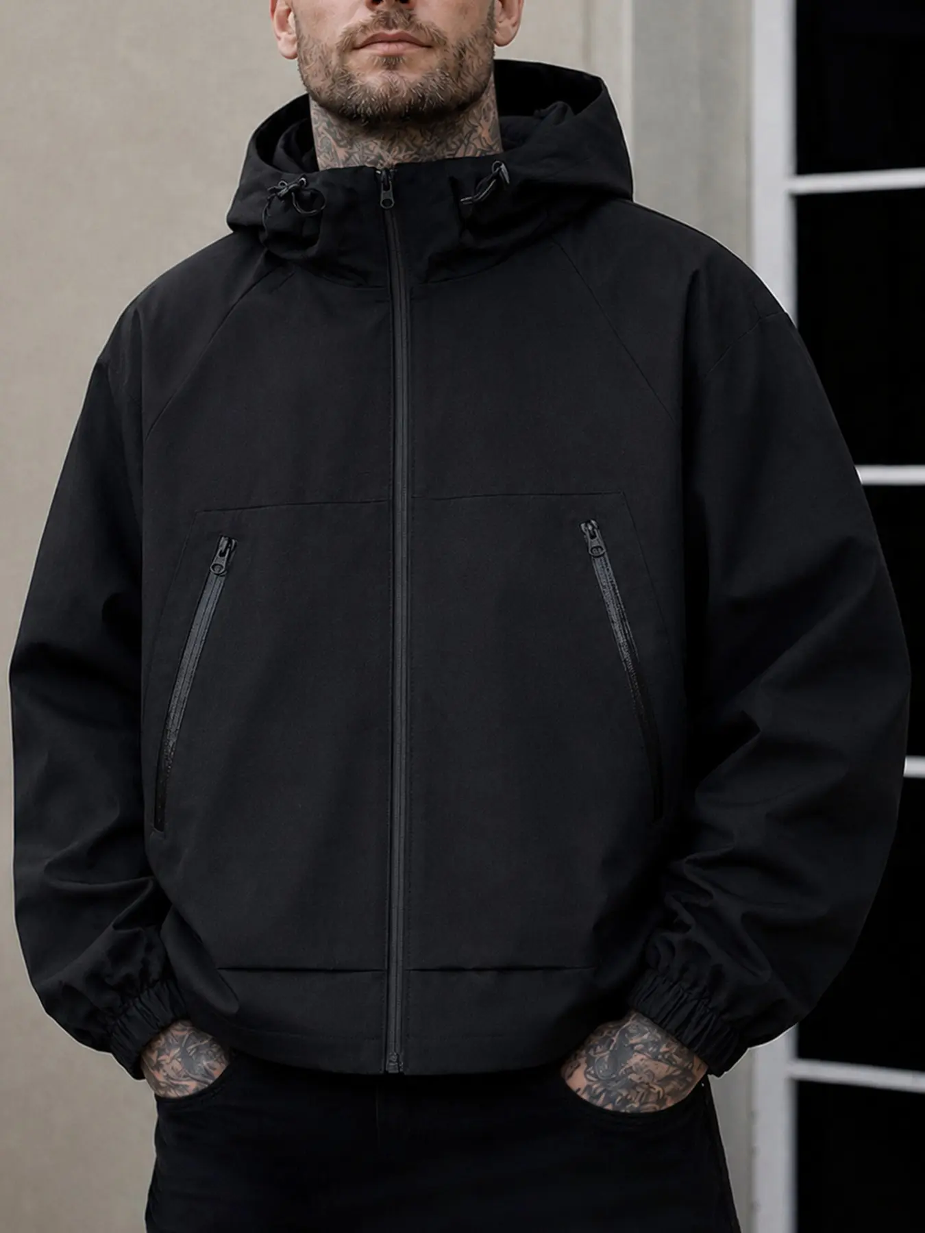 Men's Minimalist Workwear Hooded Zipper Jacket, Solid Color, Shoulder Pockets, Loose Fit, Multi-Pocket, Versatile Outerwear
