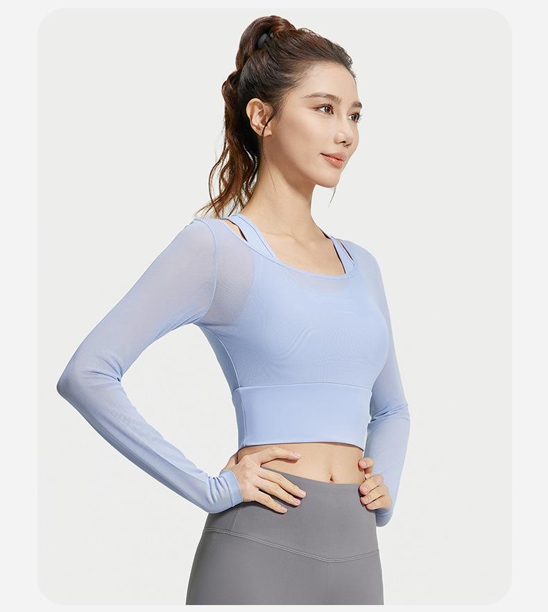 Women's Yoga Outfit for Spring and Autumn, Two-piece with Chest Pads, Long Sleeve Mesh Sheer Sports Top for Pilates Training and Fitness