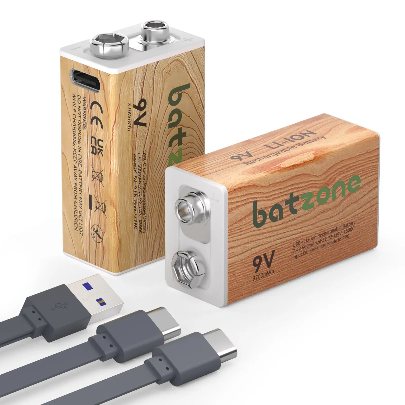 Rechargeable Battery Bundle, 2-Pack 3700mWh 9V Dual Rechargeable Lithium-Ion Batteries with USB-C Port + Type-C Cable for Universal Electronics Accessories, Dual Batteries