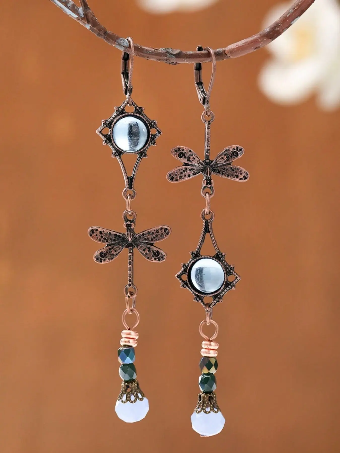 1 pair of vintage distressed rhinestone dragonfly-shaped bead pendant earrings for women, a multi-functional accessory suitable for daily wear, parties, and vacations