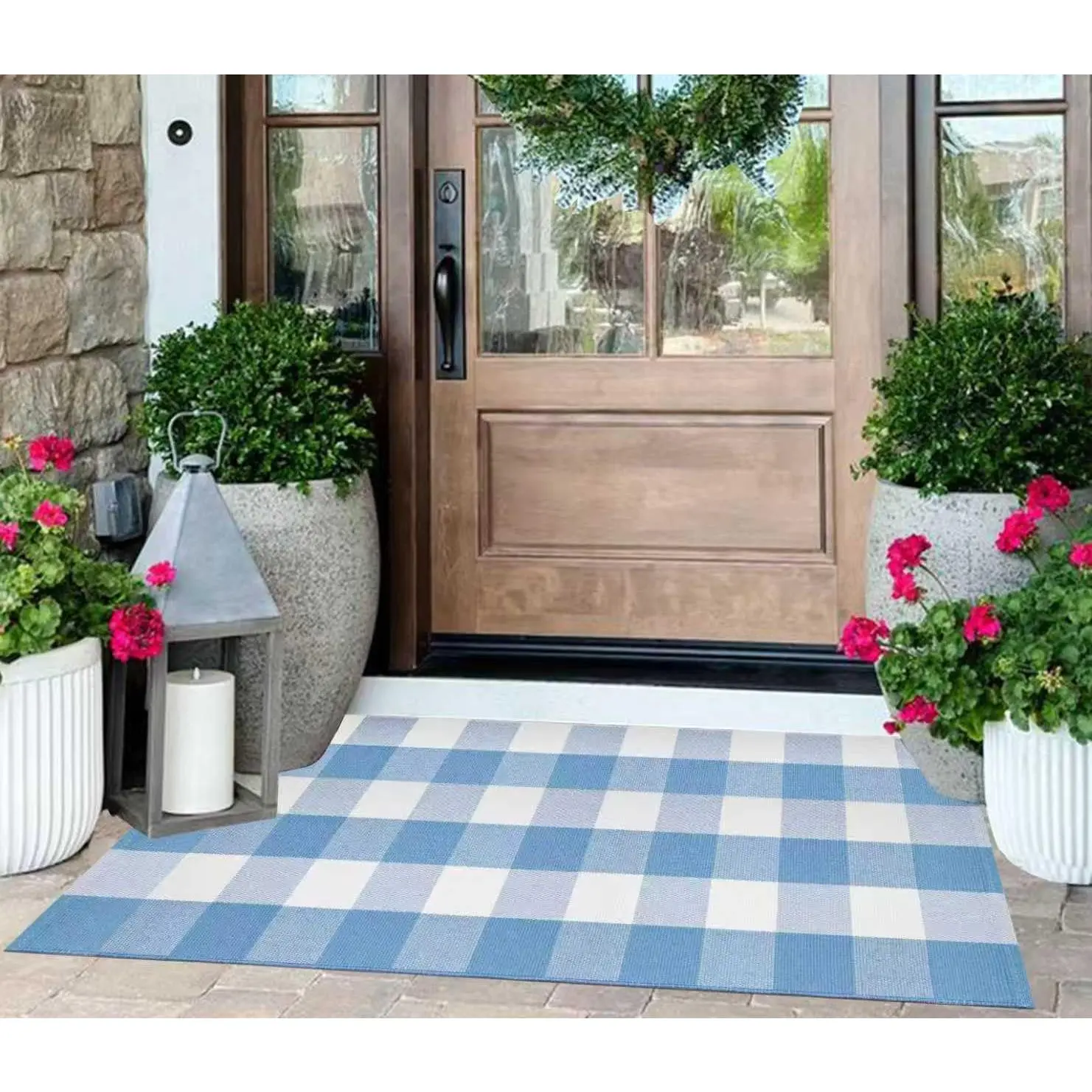 Light Blue and White Buffalo Plaid Checked 2'X4.3' Outdoor Rug Cotton Woven Washable Layering Doormat for Entryway Porch Dining Room Bedroom Living Room