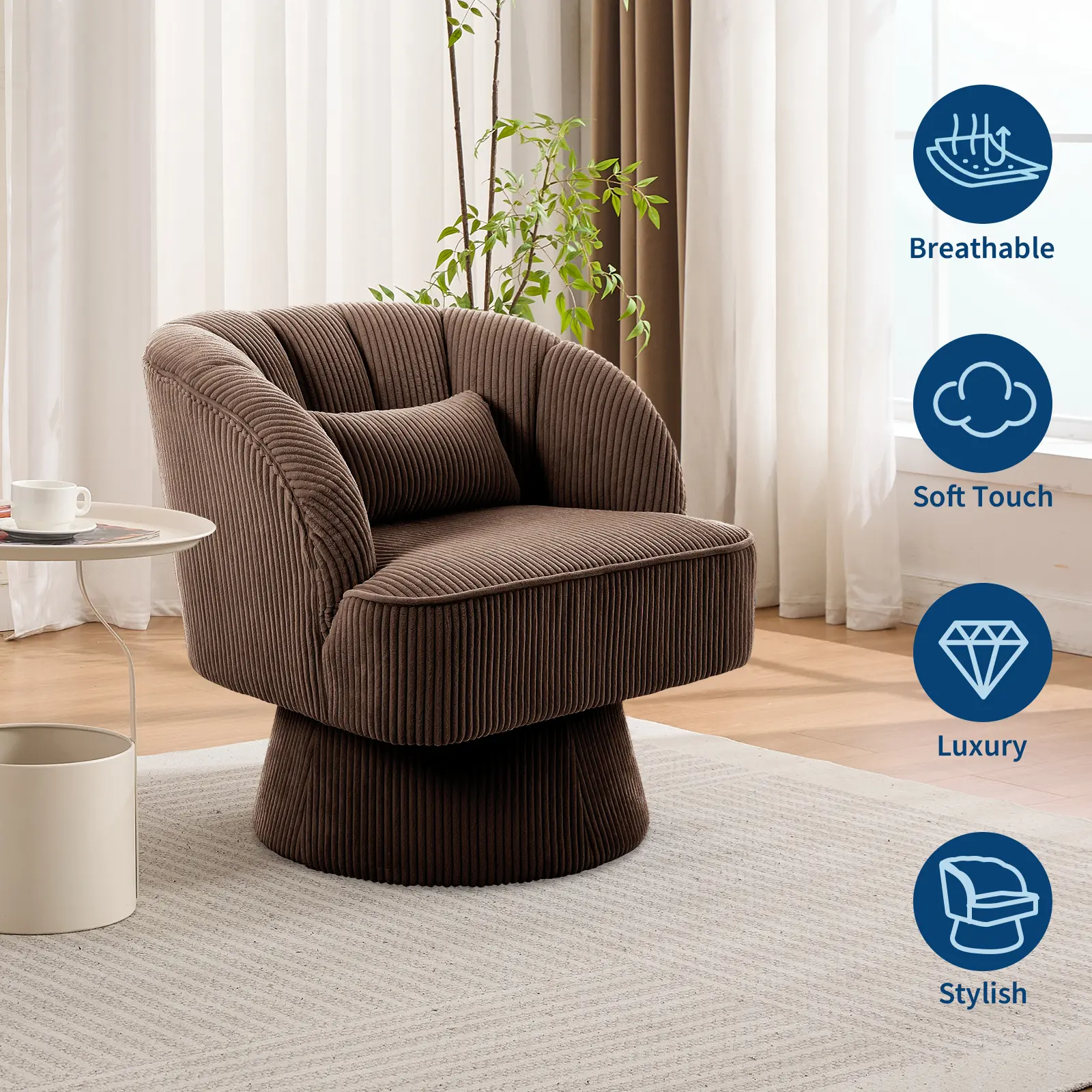 Swivel Barrel Chair, Modern Velvet Upholstered Round Armchair with Striped Backrest & Plush Padding for Living Room, Bedroom & Small Spaces
