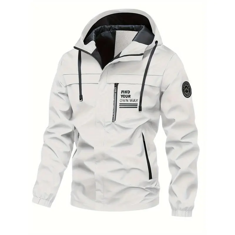 Men's Casual Waterproof 100% Polyester Hooded Long Sleeve Outdoor Trench Coat with Zipper Closure, Alphabet Pattern, Pockets, Loose Fit, Regular Length Spring New Arrival