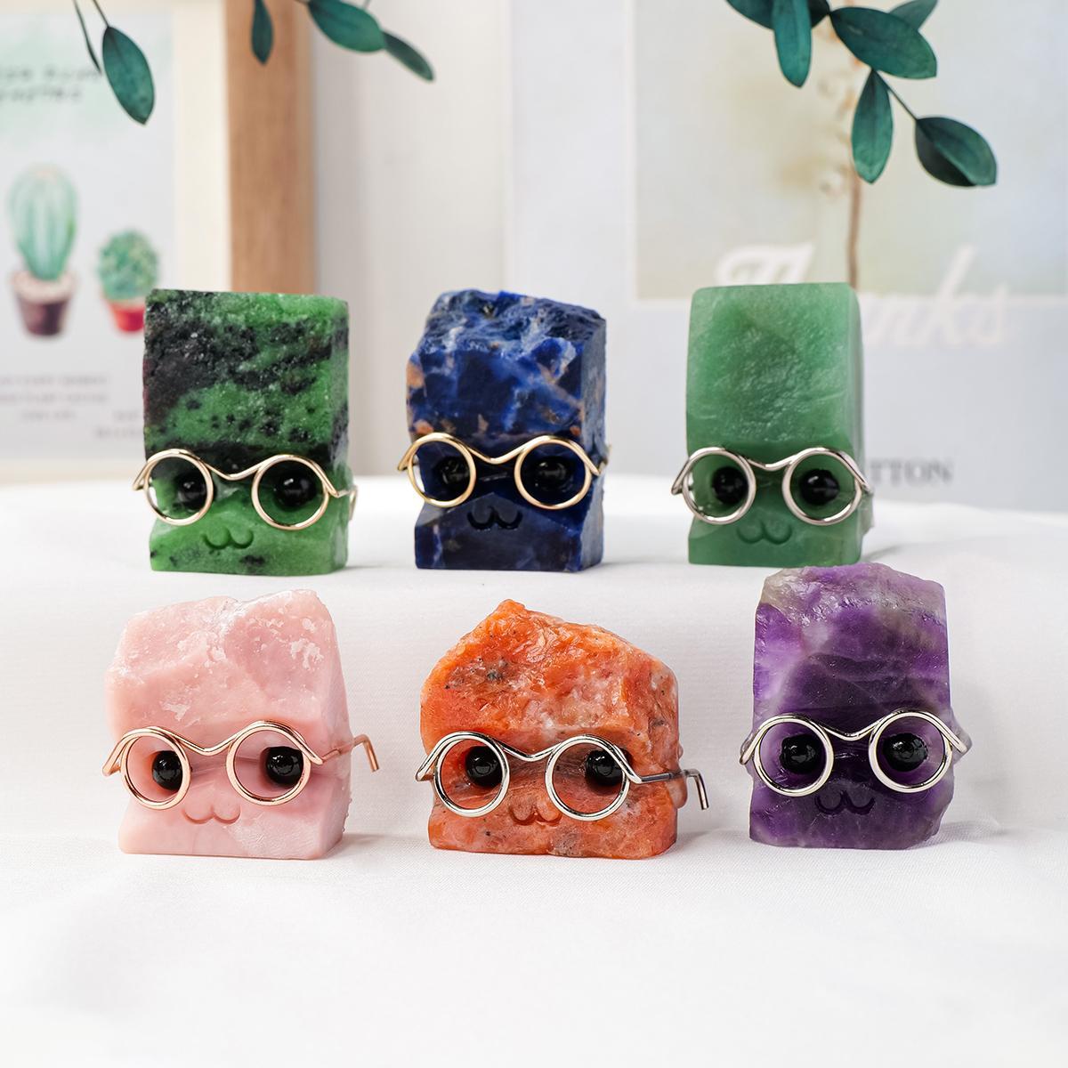 Random Color Natural Crystal Gemstone Pet Figurines with Glasses, 1/3/5 Counts DIY Handmade Crystal Carving Fengshui Sculptures, Pet Memorial Ornaments, Home Garden Decor Natural Crystal Set #GLOBAL PICKS