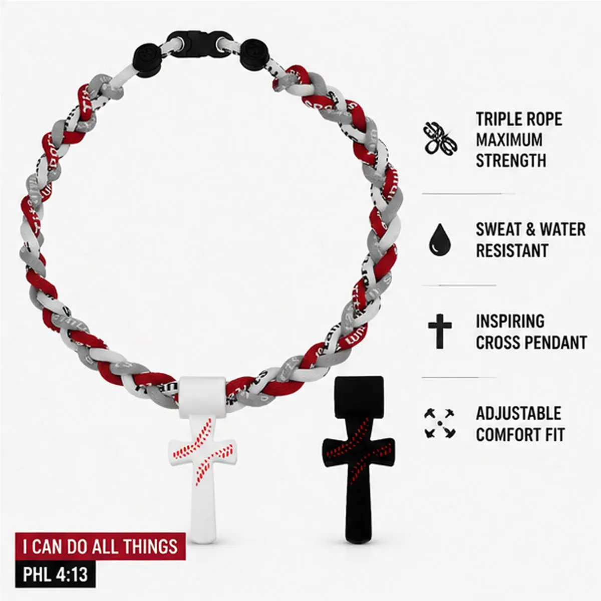 Triple-Rope Tornado Sports Baseball Necklace for Boys 8-12, Soft Silicone-Rope Unisex Wear Jewelry with Cross Pendant, Inspirational "I CAN DO ALL THINGS PHL4:13", 18.11in White Auspicious Gift, Sporty Vibe Fashion Accessory, All Seasons, Three Ropes