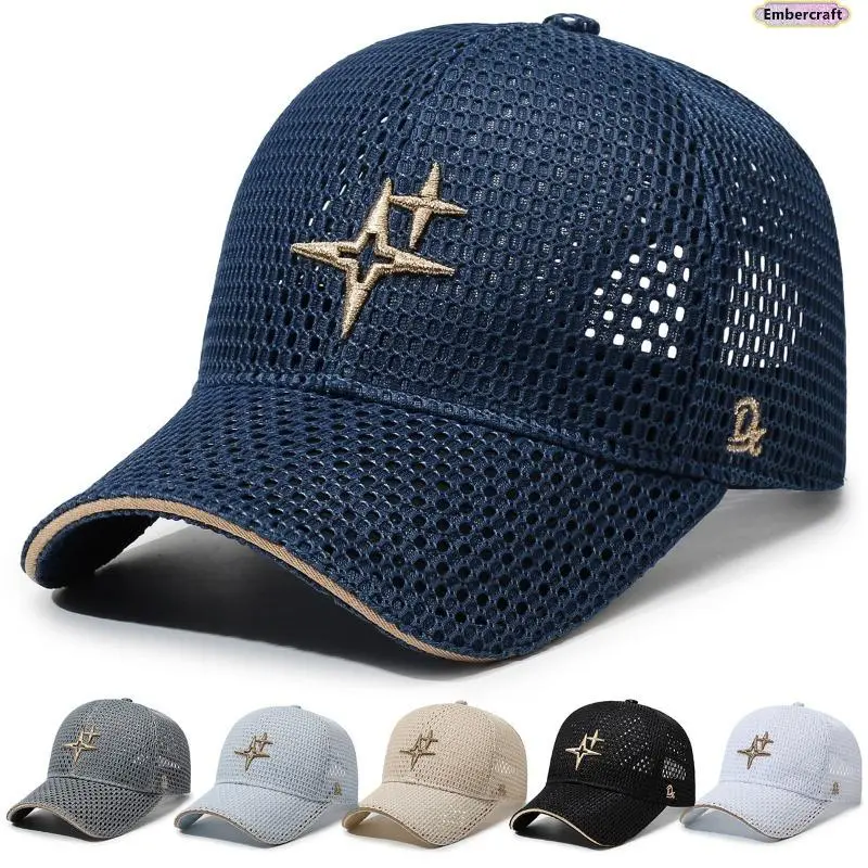 Unisex Breathable Mesh Dad Cap - Star Embroidered, Lightweight Summer Sun Hat in Black/Blue/Dark Gray, Outdoor & Everyday Streetwear Fashion Cap Graphic Trucker Hat Fitted Hat Set