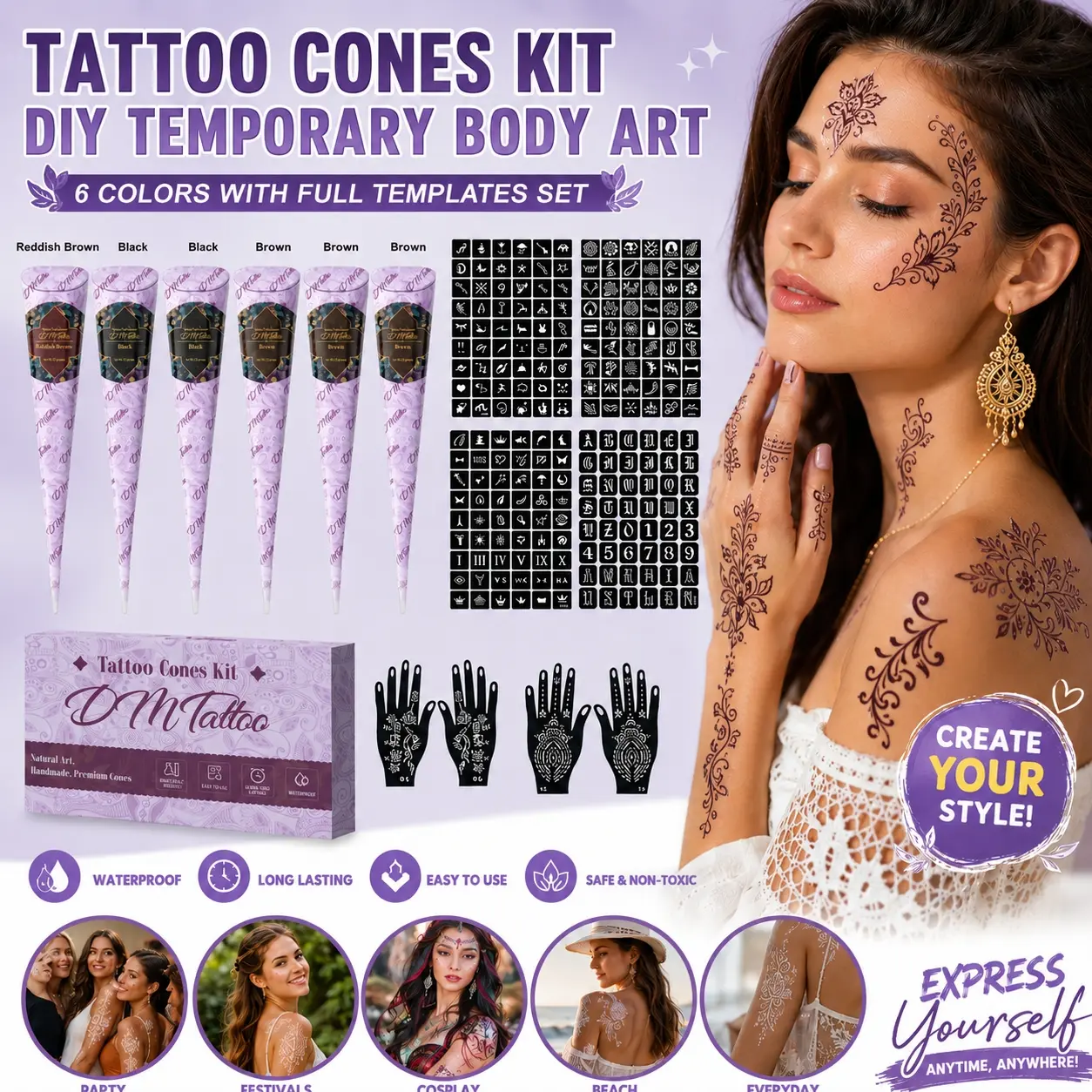 Creative hollow tattoo stencil works with tattoo stickers. Helps draw vivid small tattoo patterns. Waterproof and sweatproof, ideal for unisex trendy body looks.