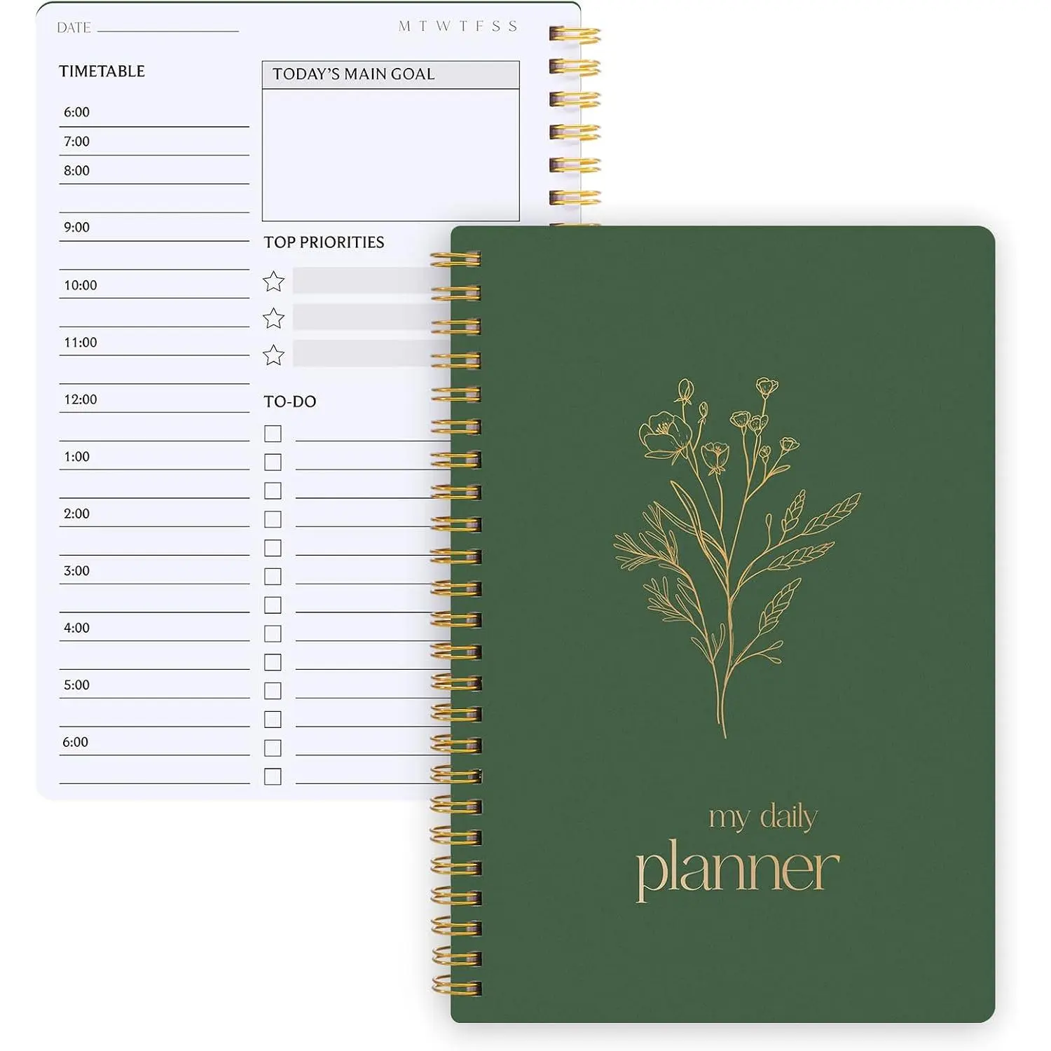 Undated Daily Planner with Hourly Schedule, 5.71" X 8.35" Daily  Noteboook Set Goals A5 Daily Personal Organizer Notepad for School Work Office Improve Efficiency Planner, Green