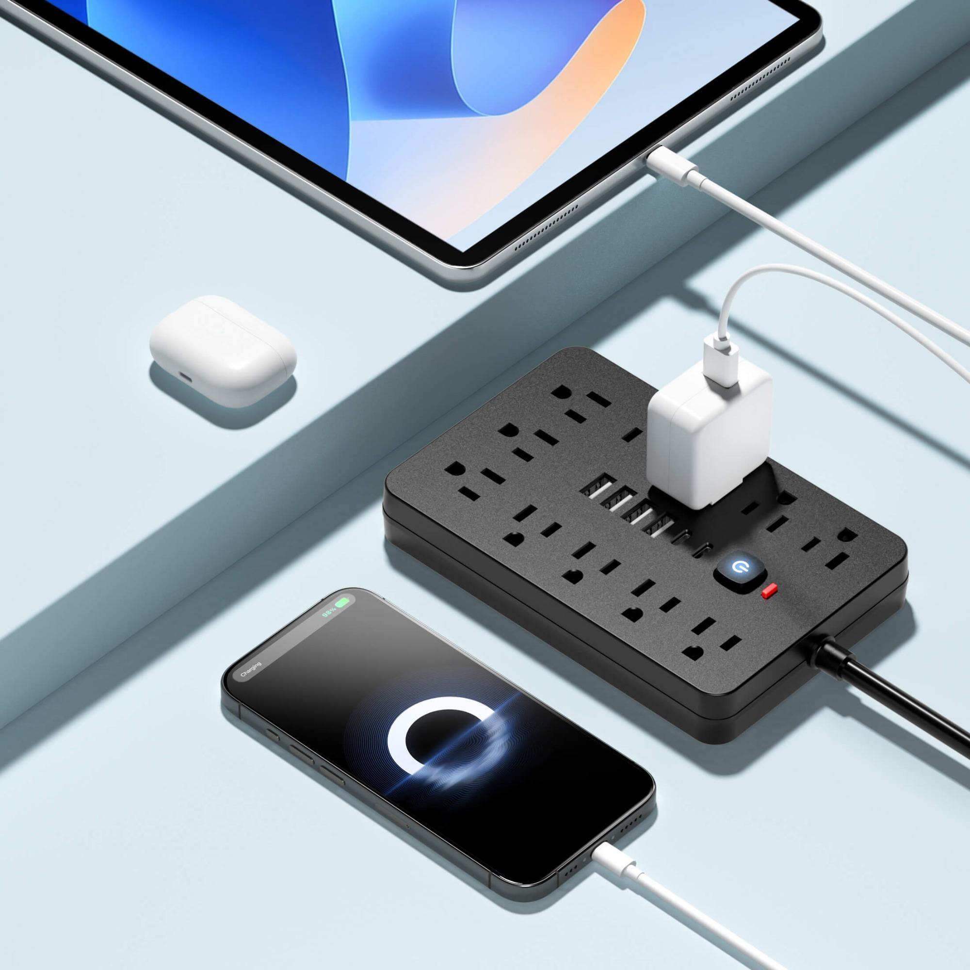 17 In 1 Surge Protector Power Strip, Wall Mounted Compact Desktop Charging Station With 11 AC Outlets, USB & Type-C Ports, Suitable for Home, Office and Travel