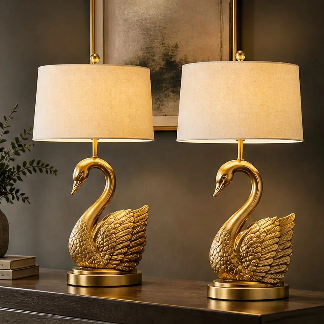 2-Pack Golden Brass Blend ARCH Swan LED Table Lamps (LED Bulb Included) - 12.00" W x 24.00" D x 7.00" H Durable Modern Ceramic-Fabric-Metal Decorative Lamps, Chic Decor, Christmas Relaxation Lights for Bedroom Living Room Reading