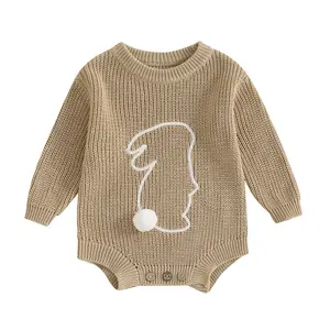 Newborn Baby Boy Girl Easter Romper Spring Long Sleeve Bunny Embroidery Knit Bodysuit Infant Playsuit