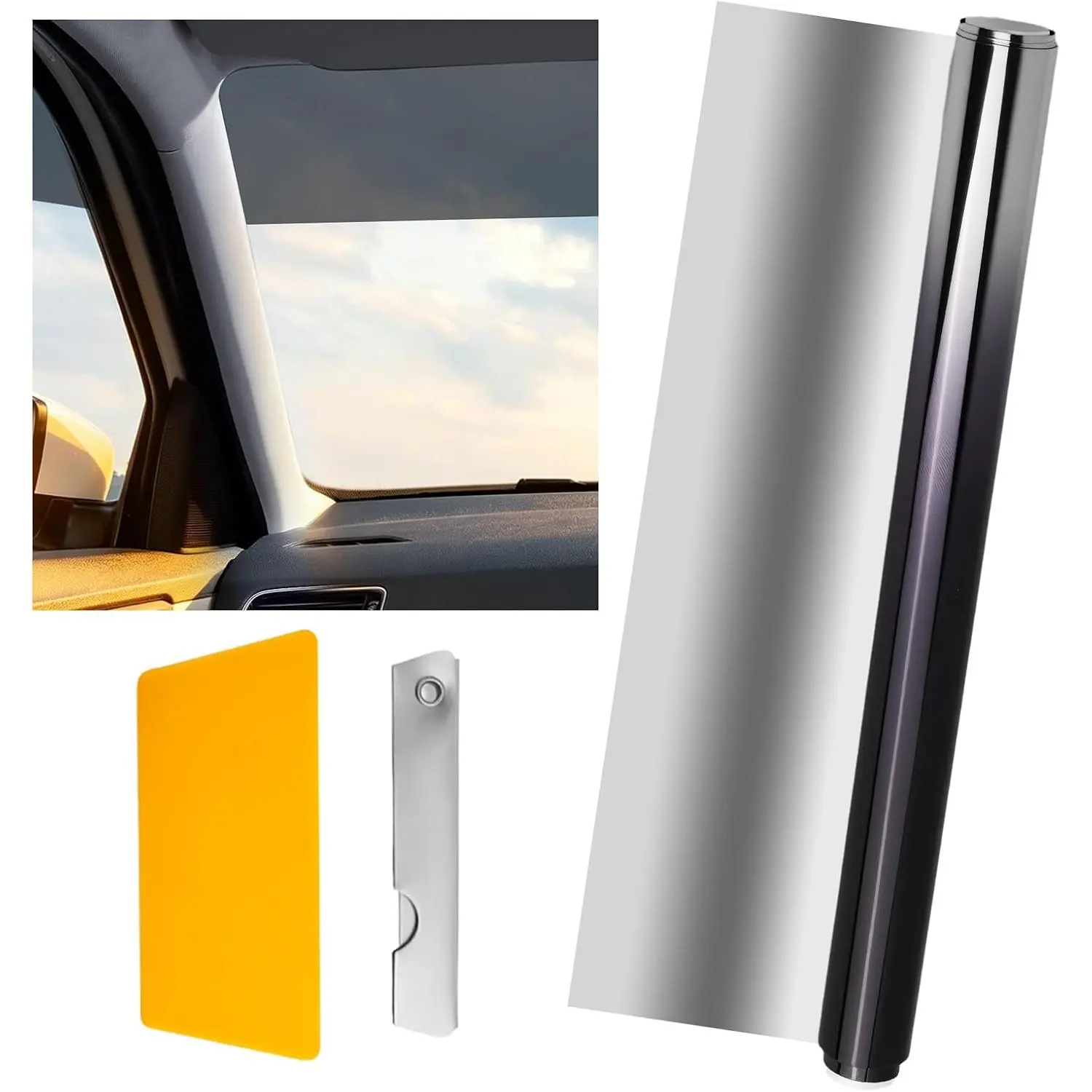 59.05"X7.87" Gradient Tinted Windshield Tint Strip Roll,Cuttable  Window Tint Reduces Glare & Heat, Windshield Sun Strip Kit with  & Scrapers for
