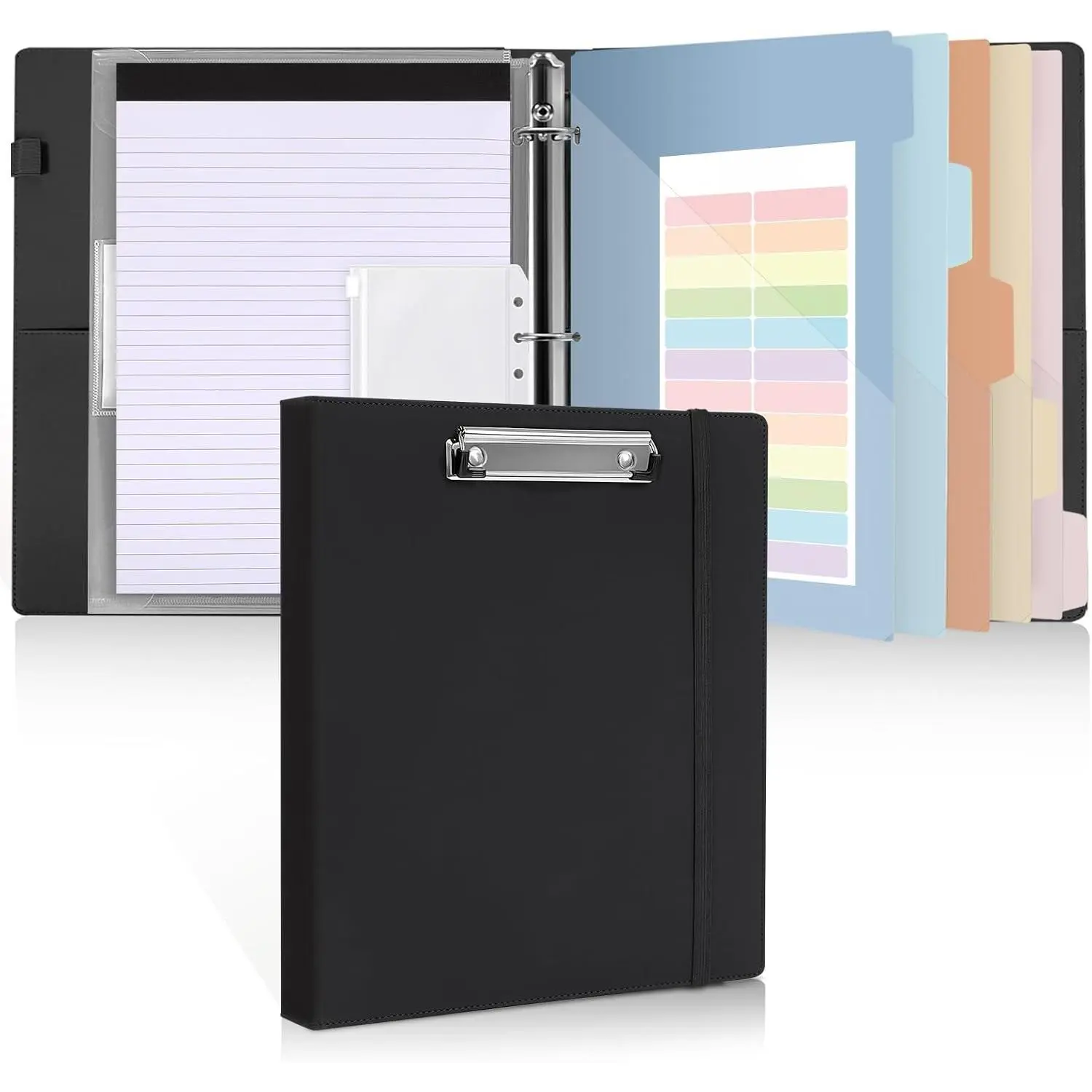 Faux Leather 3-Ring Binder Clipboard (13.2"×10.2"), 1-Inch Binder Organizer with 5 Pocket Dividers, Notepad, Labels & 2 Storage Pockets for Teachers, Students & Office Use