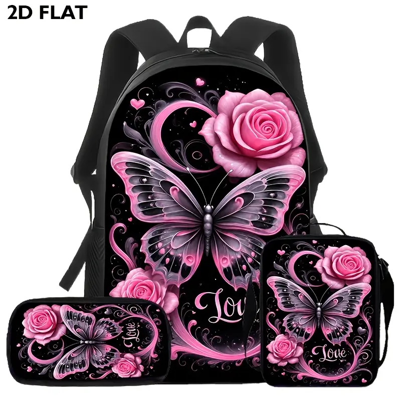 Pink Rose Butterfly 3-Piece Backpack Set, Love Floral School Bookbag with Matching Lunch Bag and Pencil Case, Gothic Butterfly Backpack for Girls Teens, Travel Gift, Romantic Daypack Gift Idea