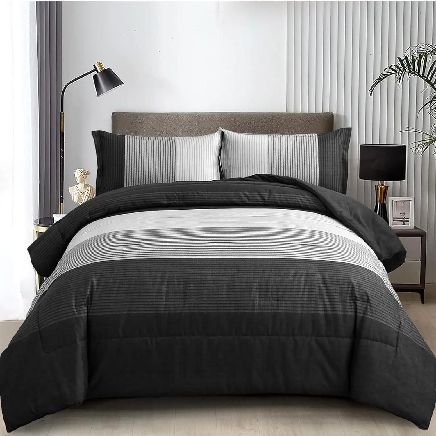 Black Comforter Set Full, Reversible Black Grey Stripe Down Alternative Comforter for All Season,3 Pieces(1 Patchwork Comforter+2 Pillowcases), Soft Microfiber Bedding Set 78”×90”