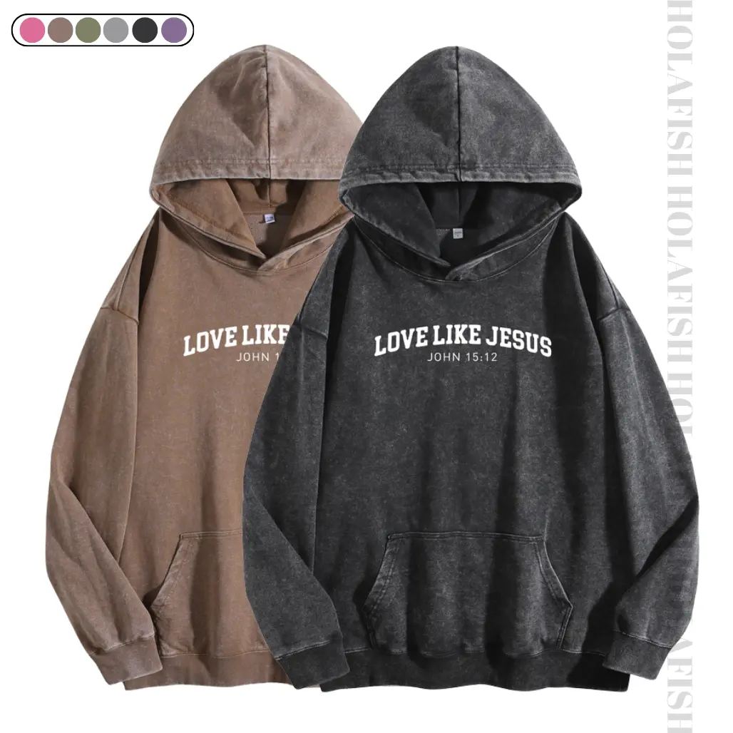 Holafish Women's "Love Like Jesus" Print Acid Wash Hoodie Vintage Sweatshirt Oversized Loose Fit Winter Warm Streetwear Casual Tunic