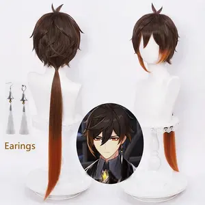 Genshin Impact Zhongli Cosplay Long Christmas Brown Orange Wig Cosplay Anime Wigs Heat Resistant Synthetic Wigs