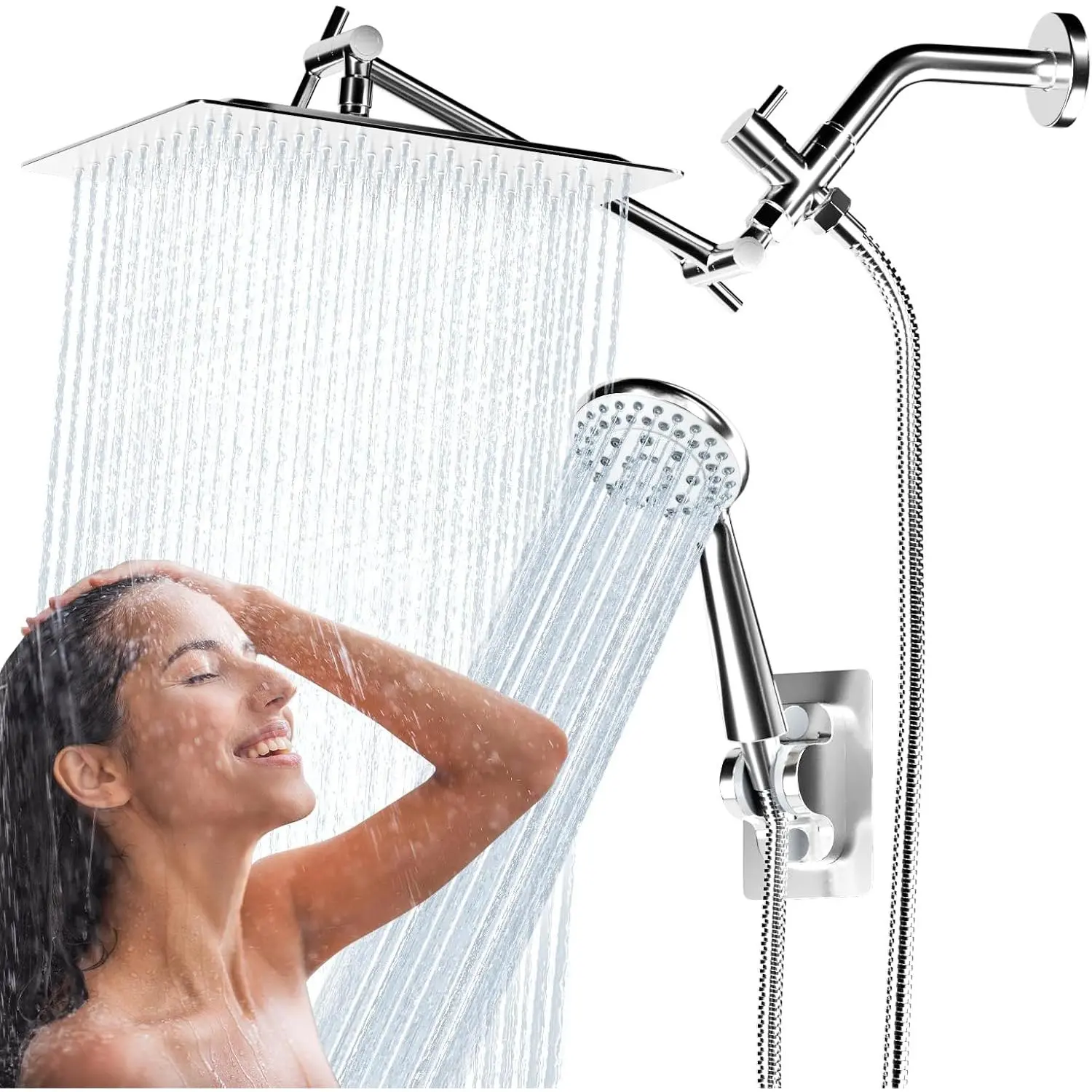 Shower , 8'' Rain Shower  with Handheld , High  Rainfall Showerhead Combo with Adjustable Shower Extension Arm 5 Modes Handheld Shower Heads Detachable  Shower, Chrome