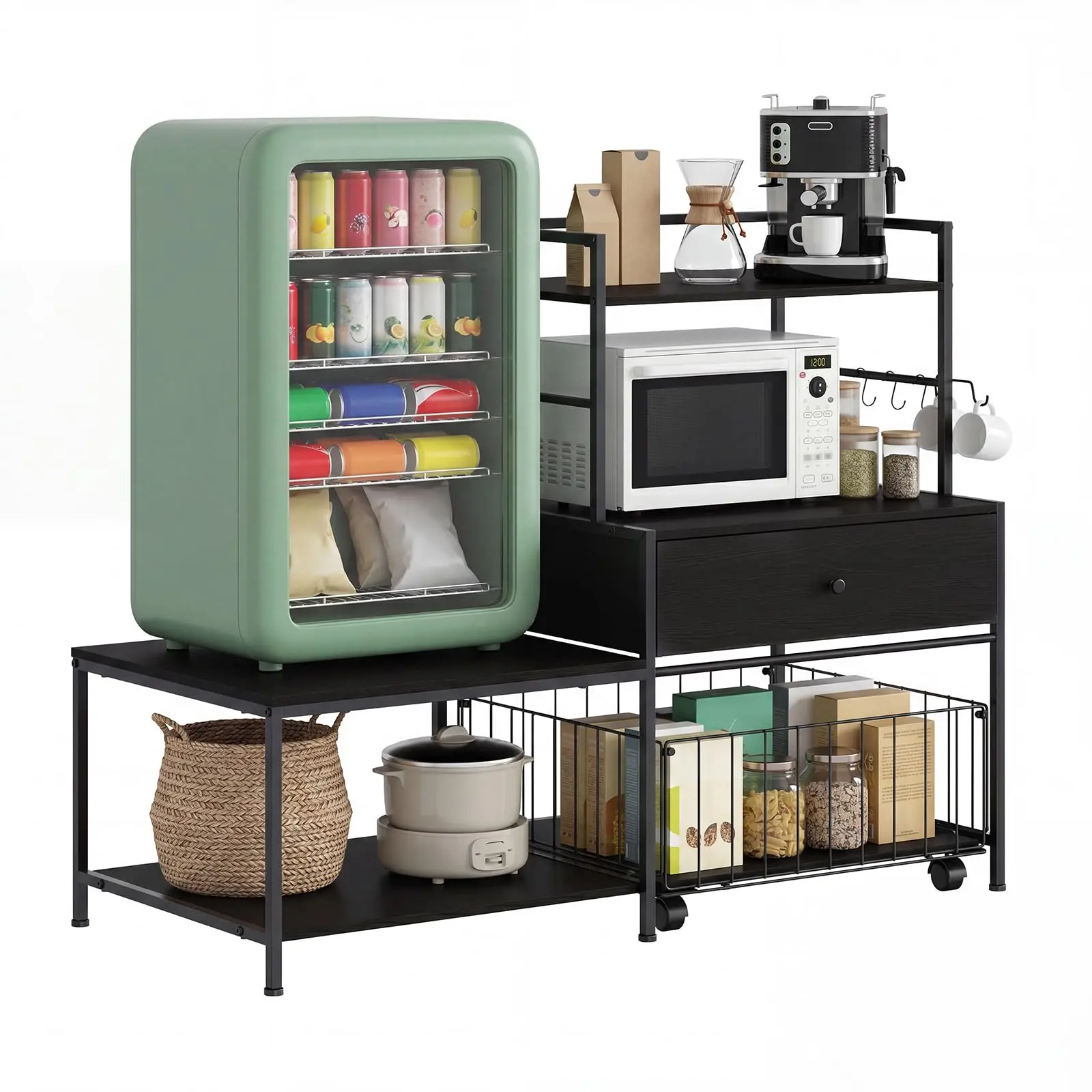 35.8" Mini Fridge Stand with Storage - 260LB Heavy Duty Utility Bakers Rack & Coffee Station - Ergonomic Microwave Stand for Dorm & Office