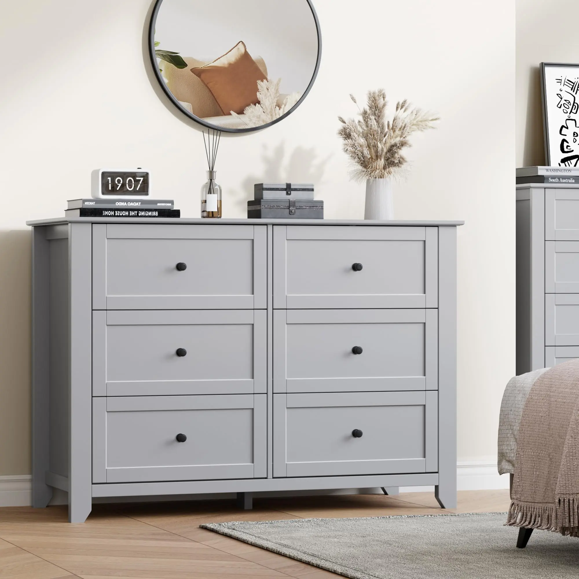 Garvee Grey 6 Drawer Dresser for Bedroom, 54" wide Large Dresser with Deep Drawers & Metal Knobs, Modern Wooden Chests of Drawers for Entryway, Hallway