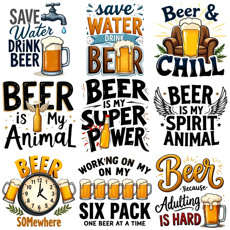 9pcs durable washable beer series mixed color heat transfer vinyl diy iron on patches for diy crafts pillow backpack t shirt canvas bag sweatshirt jeans clothing sewing supplies